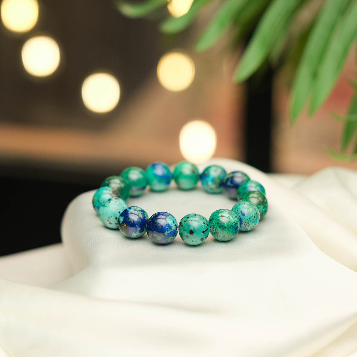 bracciale-pietra-azurite-malachite-naturale-originale-6a-14-15mm Klassisches Design-Armband aus originalen 14-15mm 6A+ Azurit-Malachit-Natursteinen im glatten Rundperlen-Schliff.