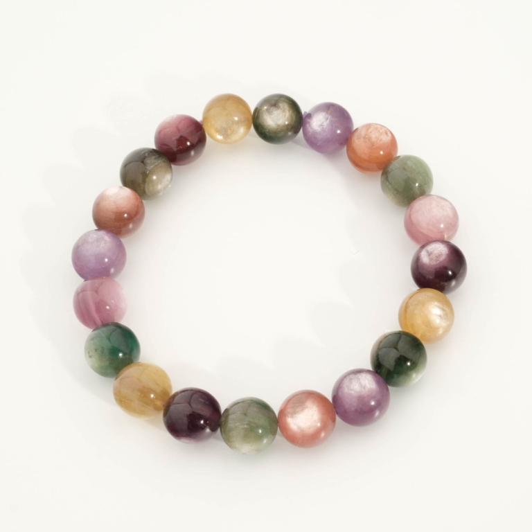 Luxus-Design-VIP-Armband aus originalen 9-10mm 5A+ bunten Lepidolith-Natursteinen im glatten Rundperlen-Schliff.
