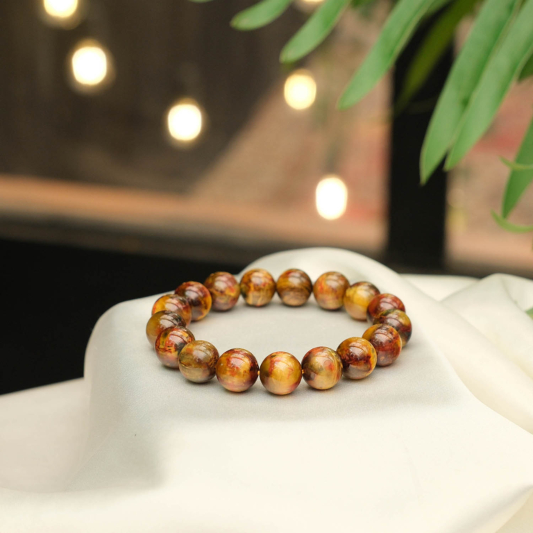 Klassisches Design-Armband aus originalen 12-13mm 5A+ gelb-roten Pietersit-Natursteinen im glatten Rundperlen-Schliff.