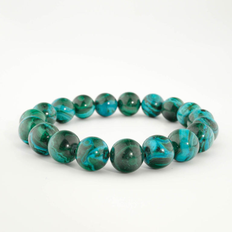 Bracciale di design ornato con sfere da 10-11mm di gemma di malachite e crisocolla originale 6A+ con sfumature verde e azzurro.