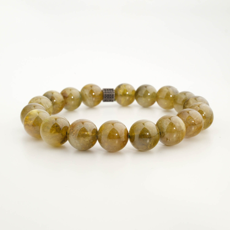Bracciale di design ornato con sfere da 10-11mm di gemma di peridoto originale 6A+ e dettaglio in argento.