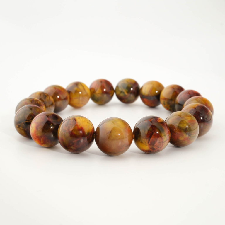 Bracciale di design ornato con sfere da 12-13mm di gemma di pietersite originale 5A+ con sfumature gialle e rosse.