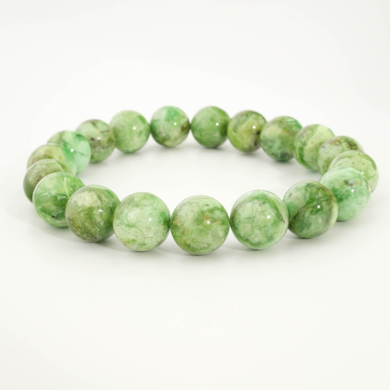 Bracciale di design ornato con sfere da 10-11mm di gemma di variscite originale 5A+ con sfumature verde chiaro.
