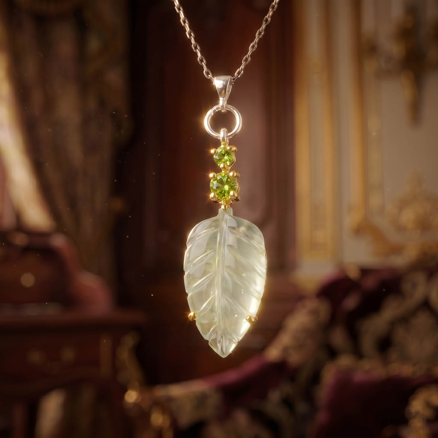 carving-iscilik-orijinal-prehnite-ve-zebercet-gumus-kolye El işçiliği yaprak carving prehnit ve faset kesim zebercet doğal taşlı 925 ayar gümüş tasarım lüks kolye modeli.