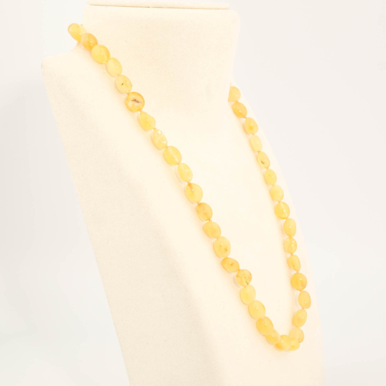 A certified original Baltic amber gemstone adult necklace (13-15g, 53-58cm) featuring smooth butterscotch and lemon yellow amber beads.