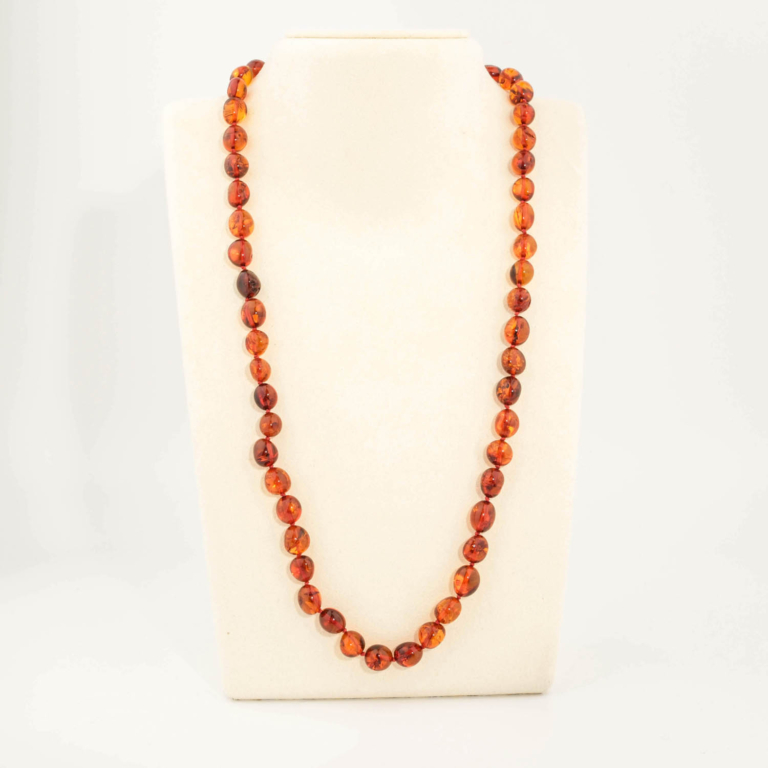 A certified original Baltic amber gemstone adult necklace (23-26g, 59-62cm) featuring smooth cognac and cherry amber beads.