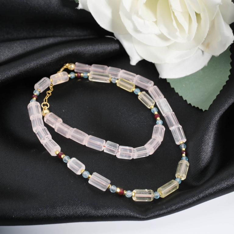 Echte 925 Silber Damen Design-Kette mit Rosenquarz, Zitronenquarz, blauem Topas, Rubin und goldenem Hämatit.