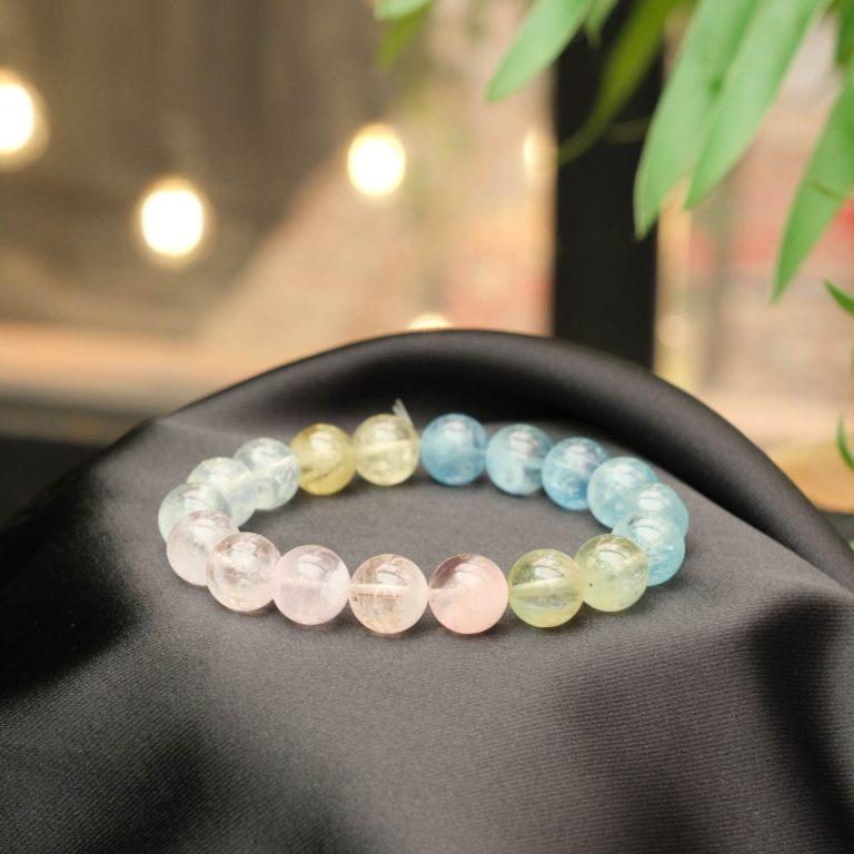 11-12mm dolgun küre kesim pastel pembe ve mavi tonlarında 7A+ kalite orijinal morganit doğal taş tasarım bileklik modeli.