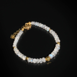 Pulsera de diseño elegante de 4-6mm con cuentas de gema de piedra de la luna natural original facetada y plata de ley 925 dorada.