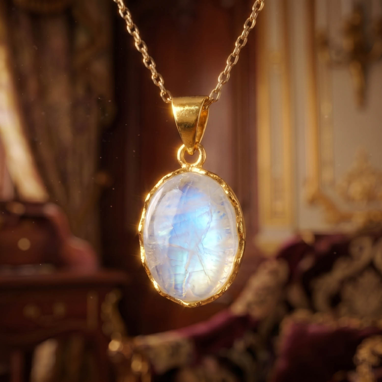 Luxus-Design-Kette aus 925er Sterlingsilber mit Vergoldung, besetzt mit einem originalen Mondstein-Edelstein im Cabochon-Schliff.
