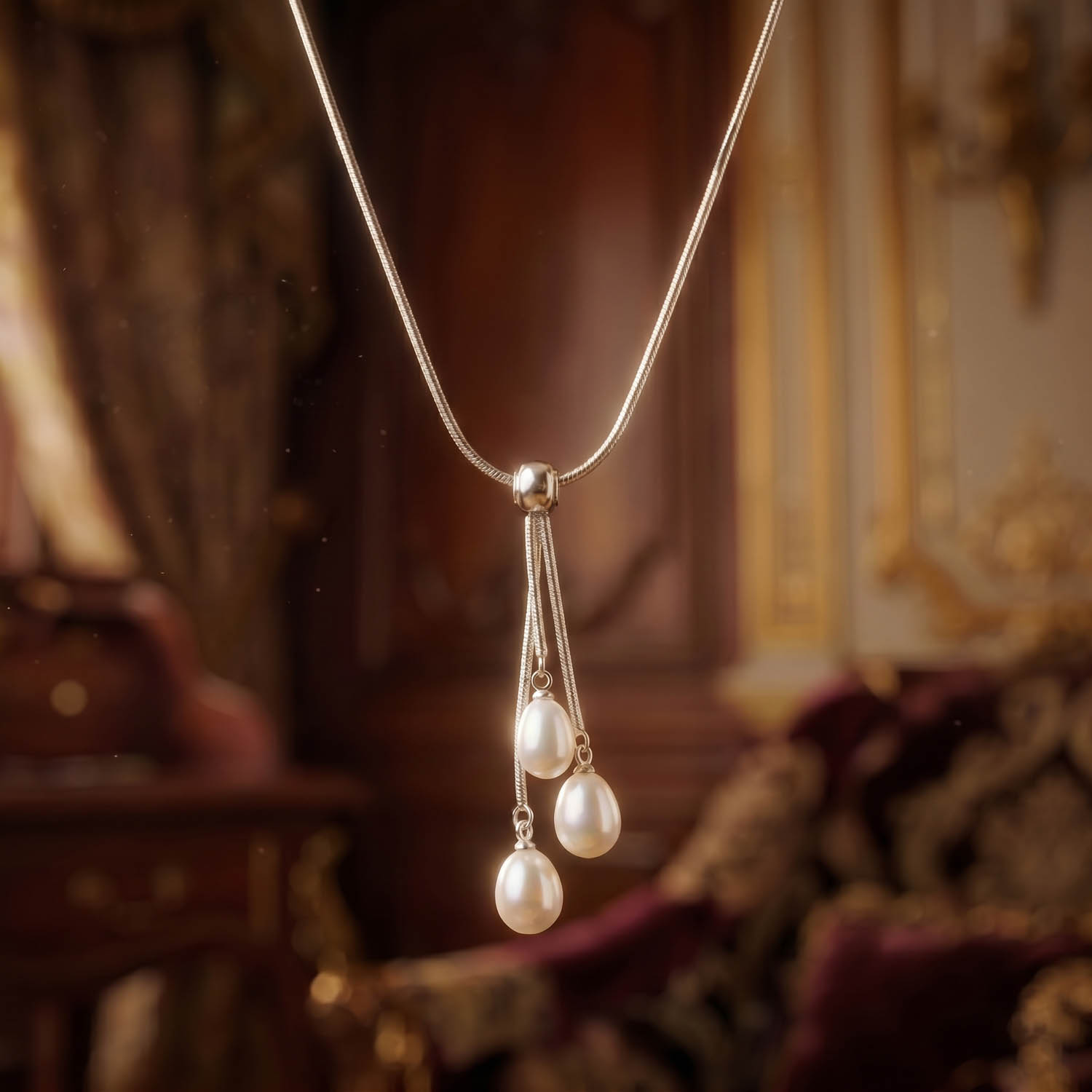 orijinal-beyaz-okyanus-inci-dogal-tas-celik-kolye-43cm Luxus-Design-Kette aus Edelstahl mit drei originalen weißen Ozean-Perlenperlen in Tropfenform.