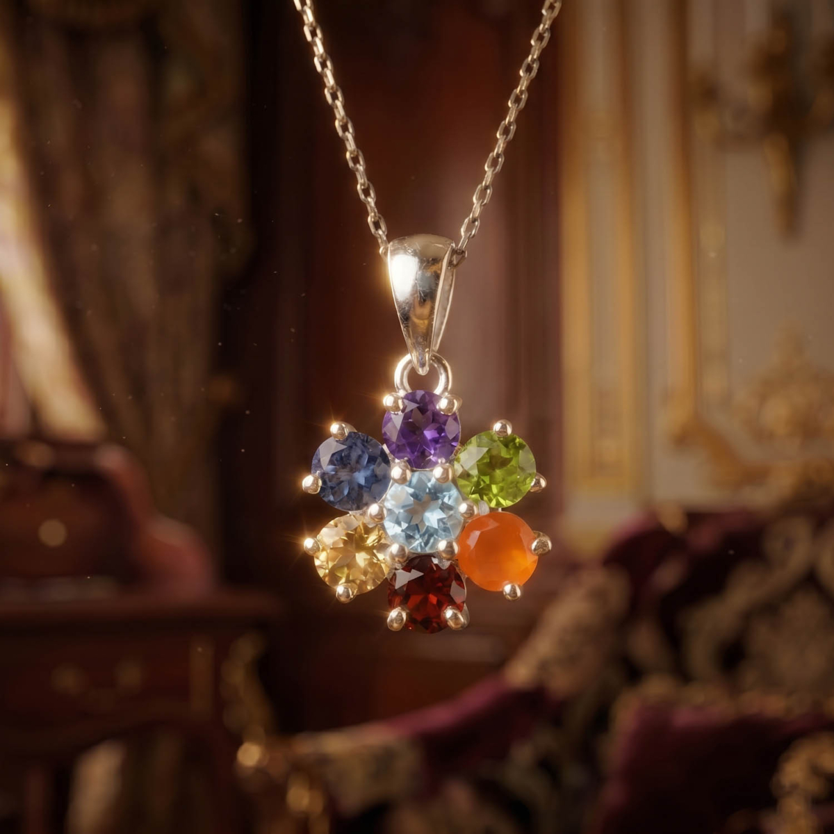 Luxus-Design-Kette aus 925er Sterlingsilber in Blumenform, besetzt mit sieben verschiedenen Natursteinen im Rundschliff.