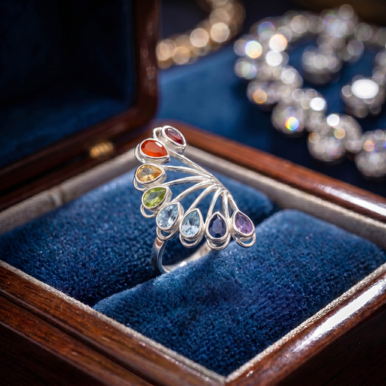 Luxus-Design-Ring aus 925er Sterlingsilber, besetzt mit sieben verschiedenen farbigen Naturstein-Edelstoffen im Facettenschliff.