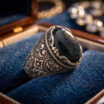 Luxus-Design-Herrenring mit handgraviertem Kalemkar-Motiv aus 925er Sterlingsilber mit schwarzer Rhodinierung, besetzt mit einem originalen Azurit-Edelstein.