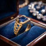 Luxus-Design-Herrenring aus 925er Sterlingsilber mit Goldplatierung, besetzt mit einem originalen 3.5ct blauen Saphir-Edelstein im Karree-Schliff.