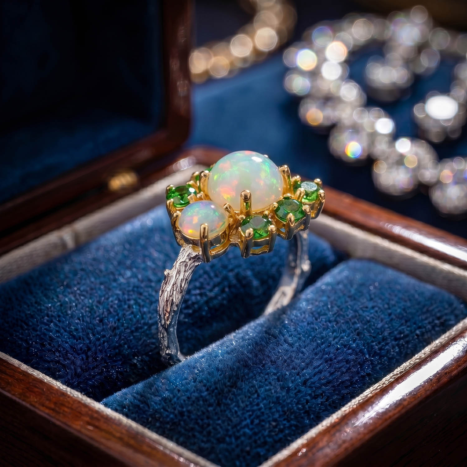 orijinal-opal-tsavorite-dogal-tas-925-ayar-gumus-tasarim-yuzuk Luxus-Design-Ring aus 925er Sterlingsilber mit Goldakzenten, besetzt mit einem originalen Opal-Edelstein und grünen Tsavorit-Steinen im Ast-Design.