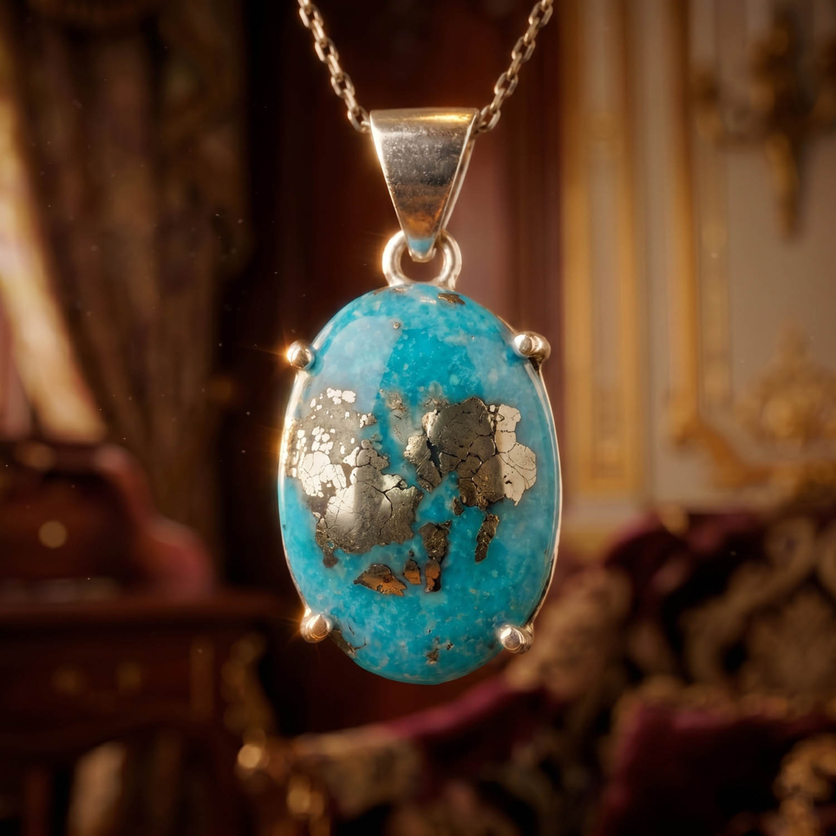 Luxus-Design-Kette aus 925er Sterlingsilber, besetzt mit einem originalen Türkis-Edelstein mit Pyrit im Cabochon-Schliff.