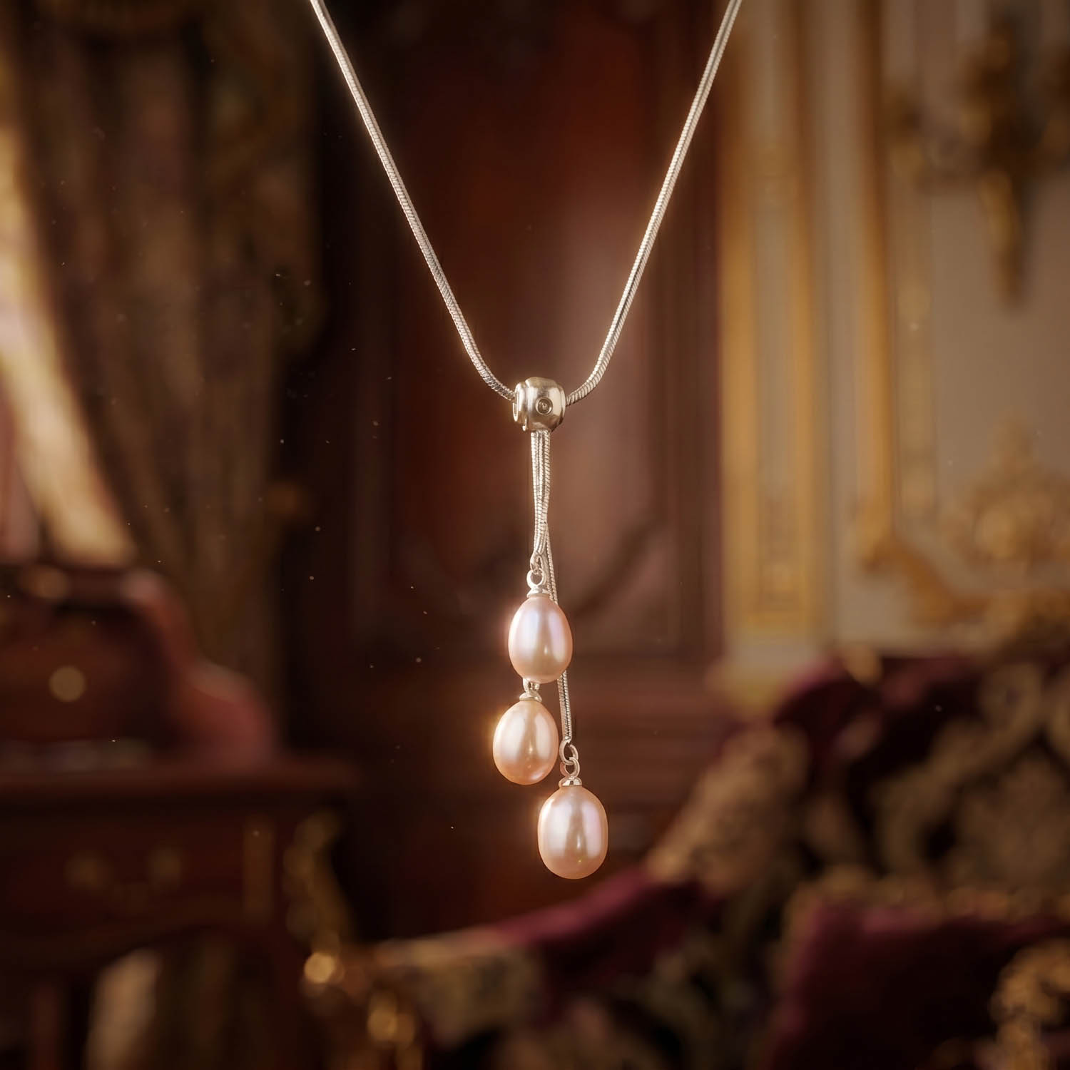orijinal-rose-renk-okyanus-inci-dogal-tas-celik-kolye-43cm Luxus-Design-Kette aus Edelstahl mit drei originalen rosa Ozean-Perlenperlen in Tropfenform.