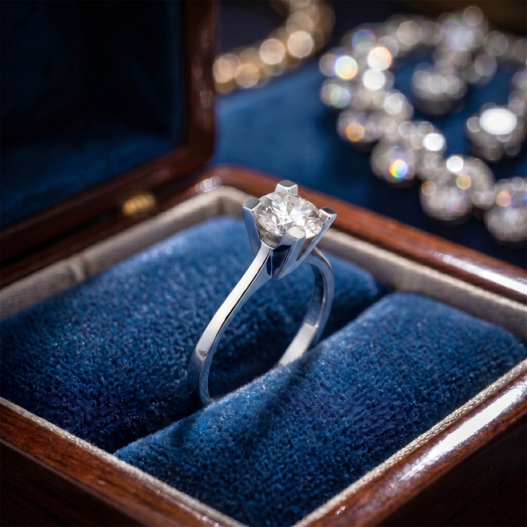 Luxus-Solitair-Ring liso aus 925er Sterlingsilber, besetzt mit einem GRA-zertifizierten originalen 1.2ct Moissanit-Edelstein im Rundschliff.