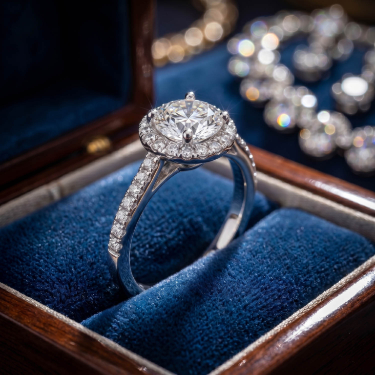Luxus-Halo-Ring aus 925er Sterlingsilber, besetzt mit einem GRA-zertifizierten originalen Moissanit-Edelstein im Rundschliff.