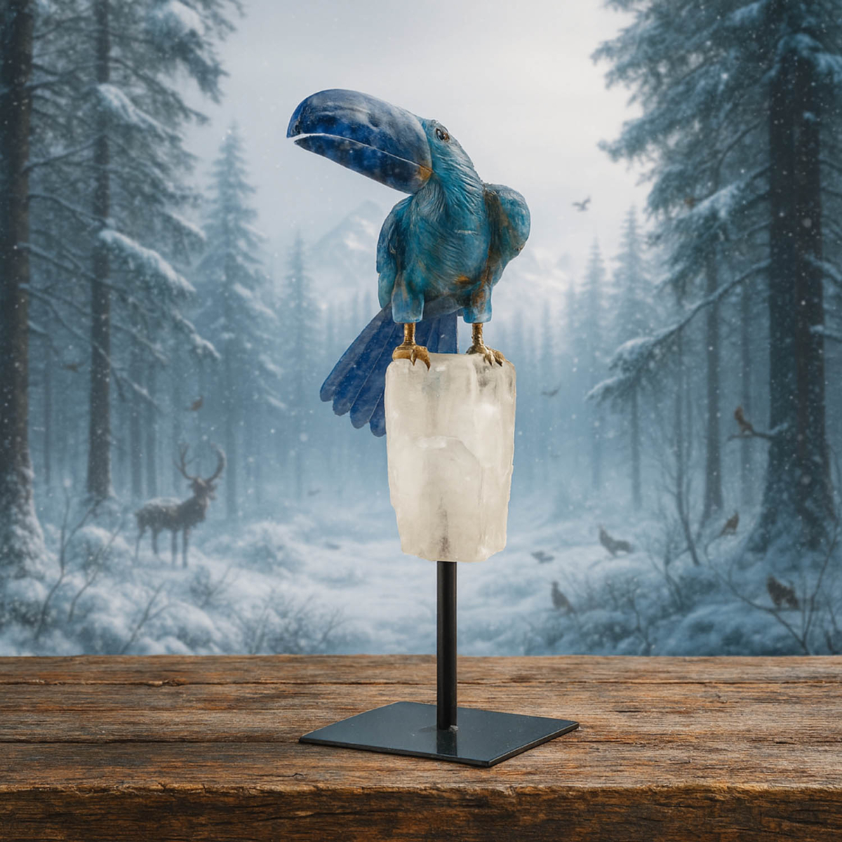Handgefertigte Papagei-Skulptur aus Sodalith, Blaucalcit und Bergkristall auf elegatem Metallständer.