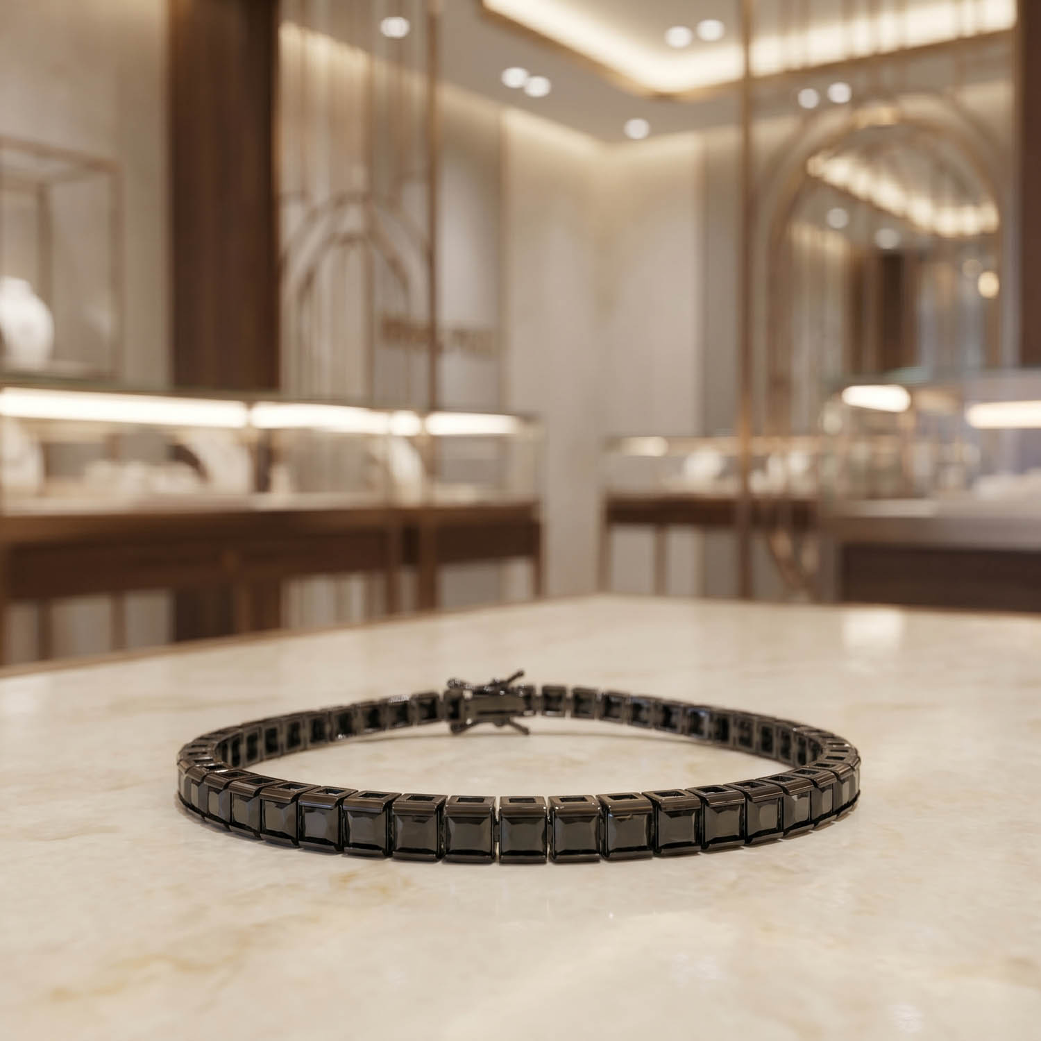 orijinal-su-yolu-onix-tasi-unisex-925-ayar-gumus-bileklik Luxus-Design-Tennisarmband aus 925er Sterlingsilber mit Schwarzvergoldung, besetzt mit originalen schwarzen Onyx-Edelsteinen im quadratischen Facettenschliff.
