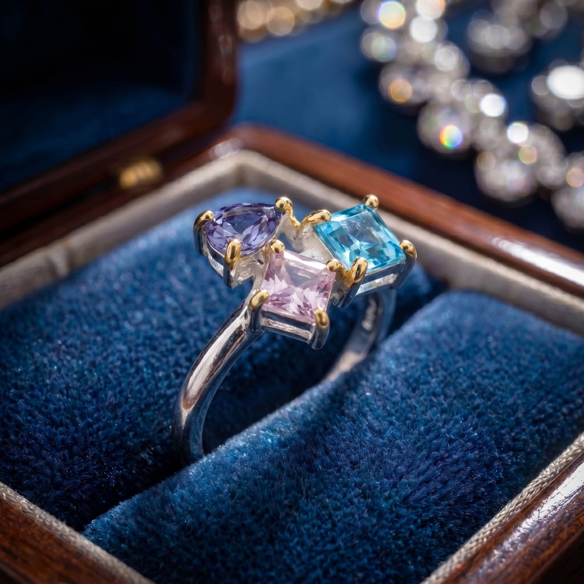 Luxus-Design-Frauenring aus 925er Sterlingsilber, besetzt mit originalen Topas-, Saphir- und Amethyst-Edelsteinen im geometrischen Facettenschliff.