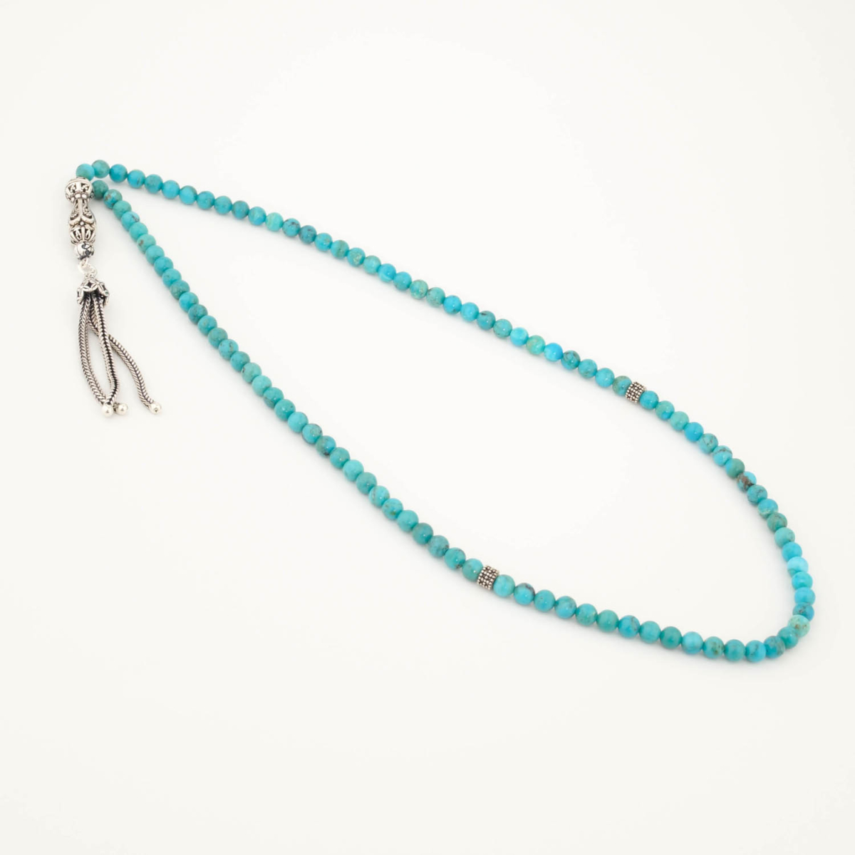 Chapelet 99 perles en turquoise naturelle (4mm) ile imame et pampille en argent 925.