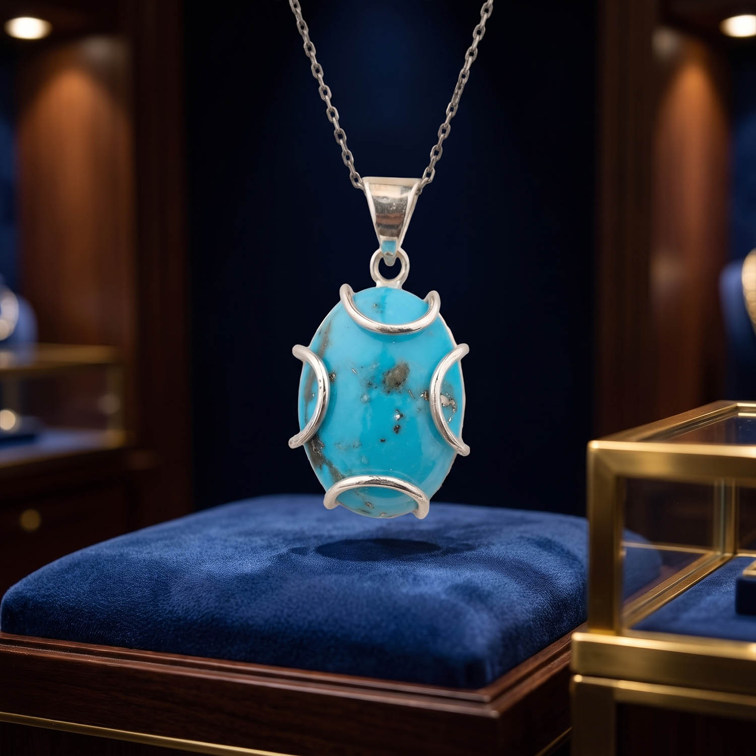 orijinal-turkuaz-firuze-dogal-tas-925-ayar-gumus-kolye Luxus-Design-Kette aus 925er Sterlingsilber, besetzt mit einem originalen türkis-Edelstein im ovalen Kabosonschliff.