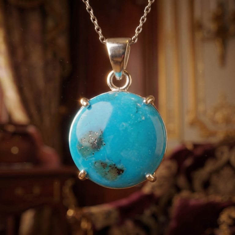 Luxus-Design-Kette aus 925er Sterlingsilber, besetzt mit einem originalen Türkis-Edelstein im Cabochon-Schliff.