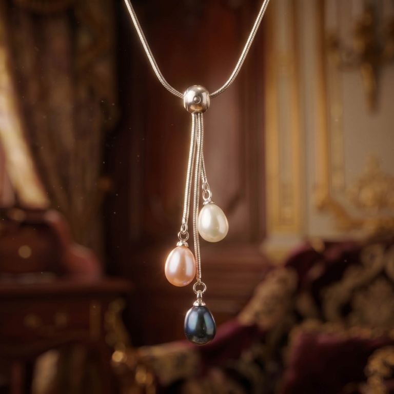 Luxus-Design-Kette aus Edelstahl mit drei originalen dreifarbigen Ozean-Perlenperlen in Tropfenform.