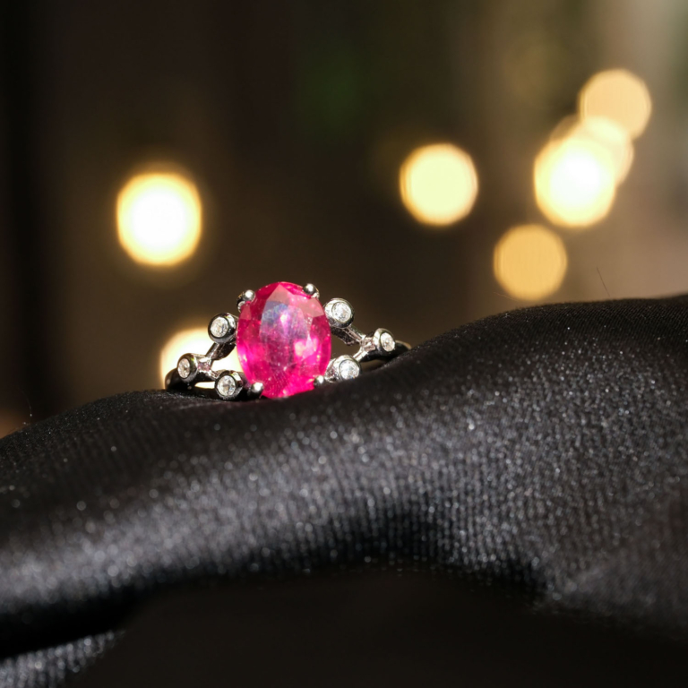 Anillo de diseño elegante para mujer adornado con gema de rubí natural original corte ovalado en plata de ley 925.