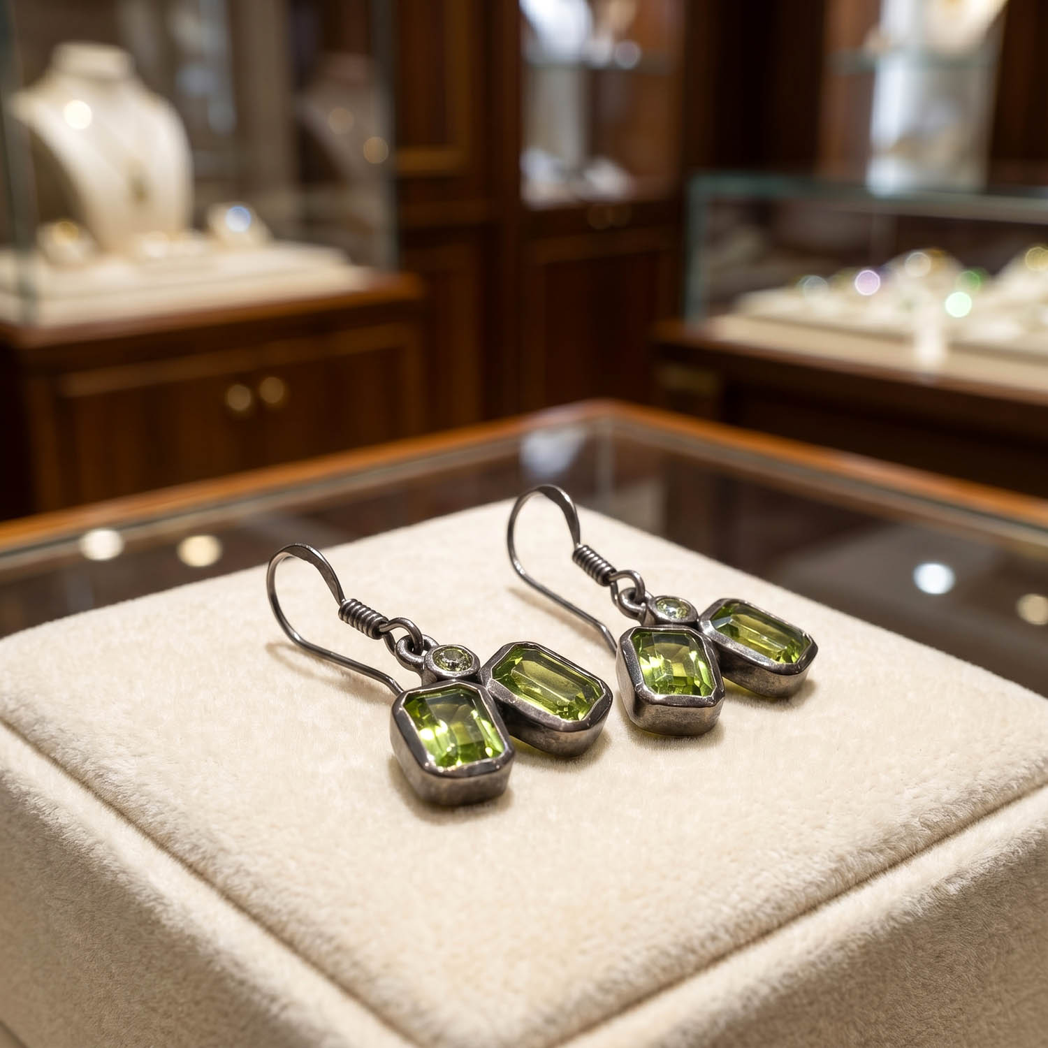 orijinal-zebercet-peridot-dogal-tas-925-ayar-gumus-tasarim-kupe Luxus-Design-Ohrringe aus 925er Sterlingsilber, besetzt mit originalen olivgrünen Peridot-Edelsteinen im Baguetteschliff.