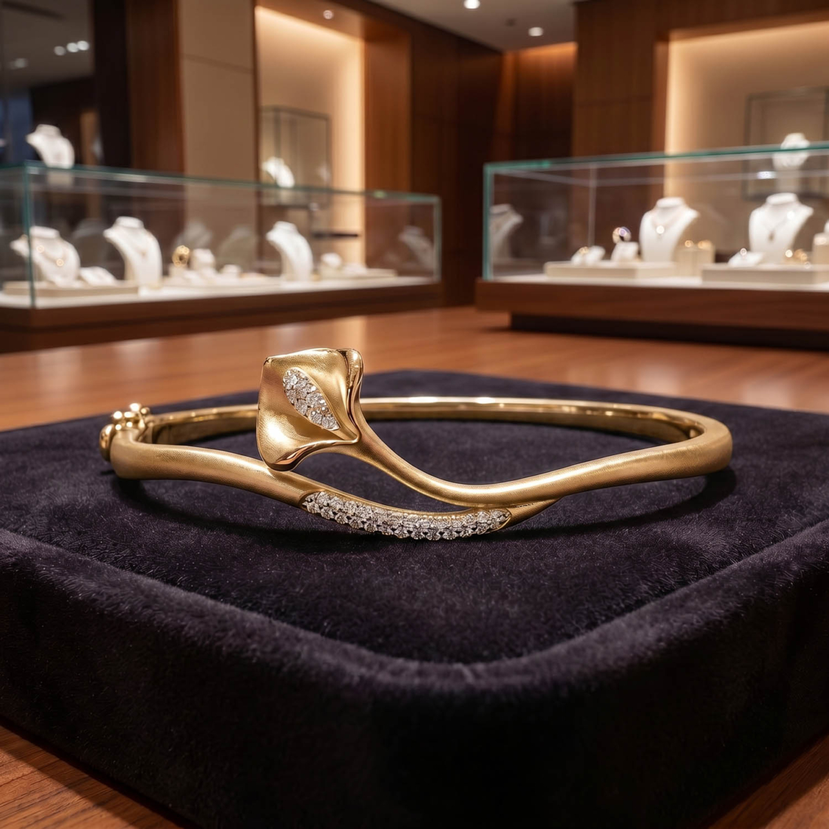 Özel el işçiliği beyaz mine detaylı ve mikro zirkon taşlı çiçek modelli 925 ayar gümüş üzeri gold kaplama tasarım kelepçe bileklik modeli.