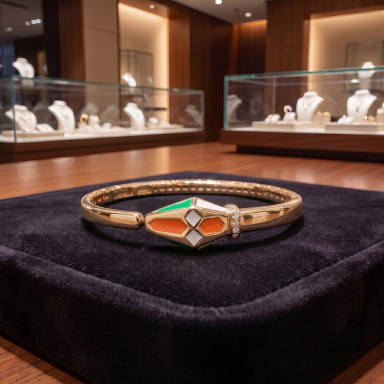 A luxury designer bangle bracelet featuring geometric orange, green, and white enamel details with zircon accents in gold plated 925 sterling silver.