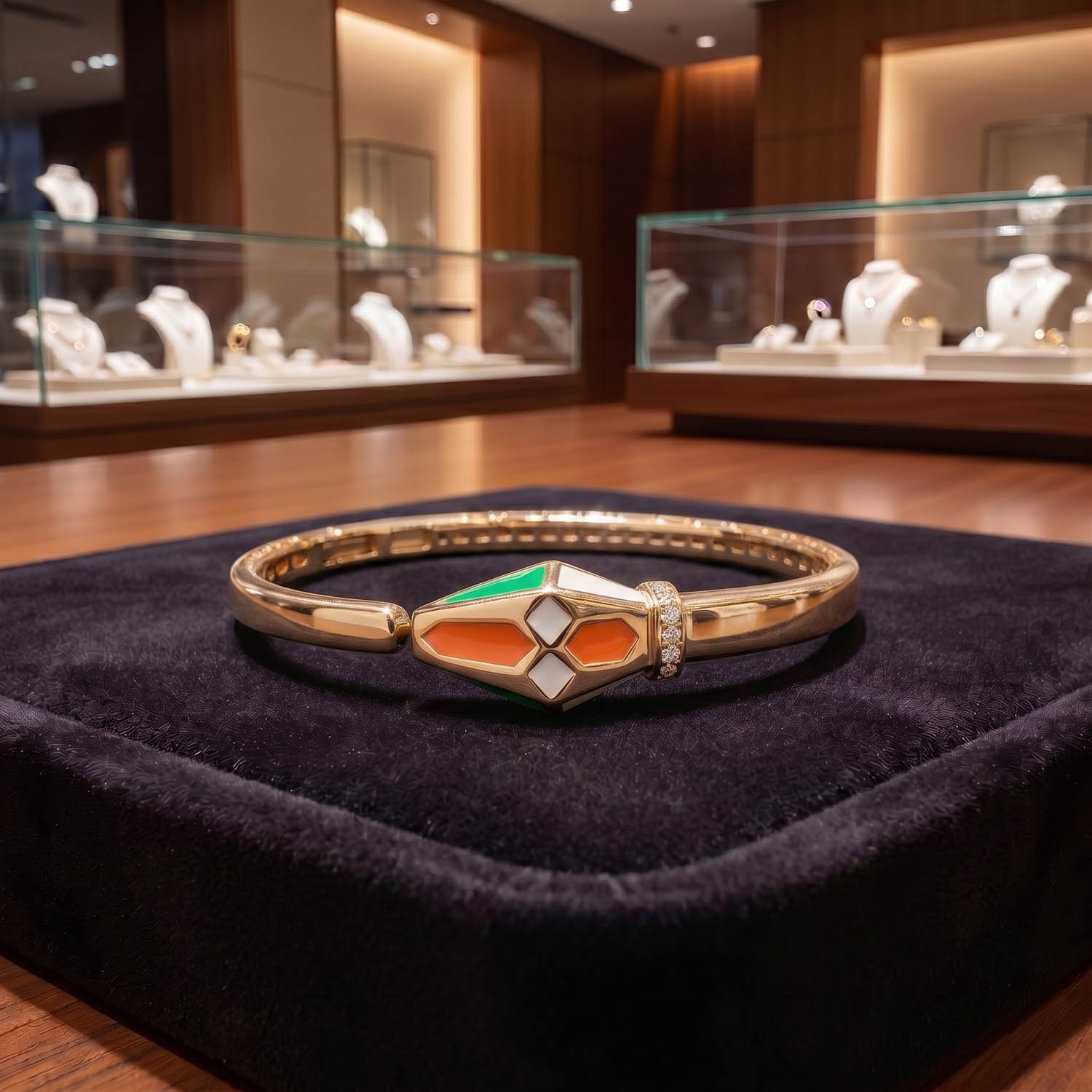 ozel-tasarim-mine-islemeli-925-ayar-gumus-gold-kaplama-kelepce-bileklik A luxury designer bangle bracelet featuring geometric orange, green, and white enamel details with zircon accents in gold plated 925 sterling silver.