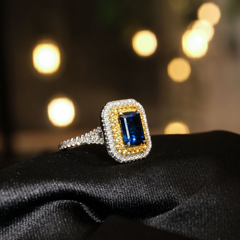 1,85 karat radyan faset kesim gece mavisi tonlarında sarı ve beyaz zirkon çift halo çerçeveli 925 ayar gümüş lüks orijinal mavi safir doğal taş kadın yüzük modeli.