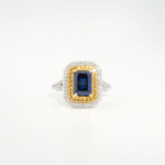Anello di lusso da donna ornato con gemma di zaffiro blu originale da 1,85ct e doppio halo di zirconi su argento 925.