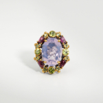A 925 sterling silver multi-gemstone women's ring featuring a large oval lavender amethyst surrounded by peridot and rubellite tourmaline.