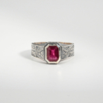 A 925 sterling silver handmade unisex ring featuring a natural rectangular cut red ruby gemstone.