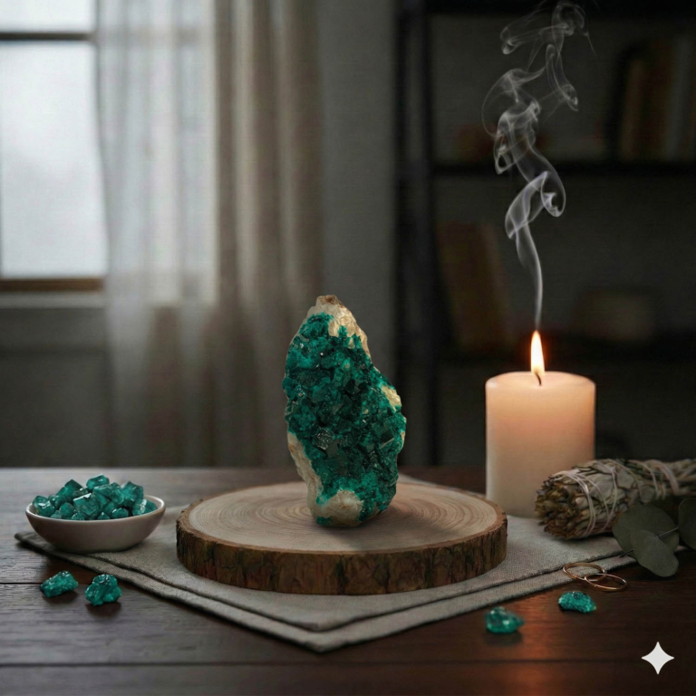 Échantillon de pierre naturelle de dioptase brute d'un vert émeraude intense.