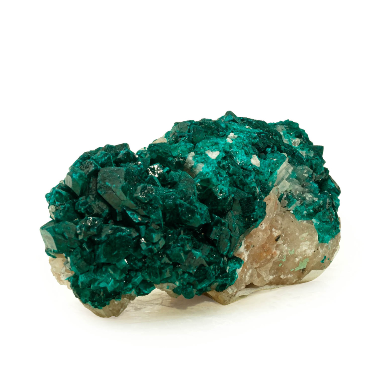 A natural raw emerald-green dioptase crystal cluster specimen.