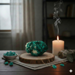 Échantillon de pierre naturelle de dioptase brute d'un vert émeraude intense.