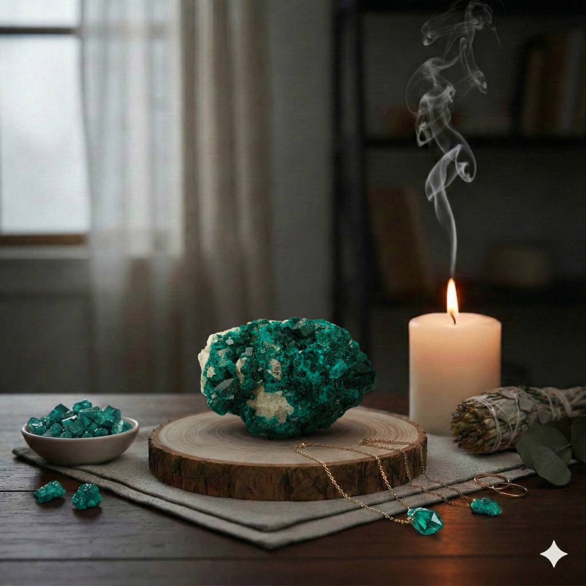 Échantillon de pierre naturelle de dioptase brute d'un vert émeraude intense.