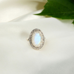 Orijinal 3,5 ct oval kabaşon kesim mavi ışıltılı ay taşlı zirkon halo çerçeveli 925 ayar gümüş kadın yüzük.