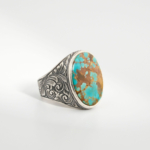 Bague pour homme faite main en argent 925 sertie d'une turquoise naturelle taillée en cabochon avec matrice brune.