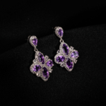 A pair of original marquise cut amethyst natural stone 925 sterling silver flower design dangle drop earrings with zircon accents.
