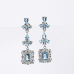 Boucles d'oreilles pendantes en argent 925 avec topaze bleue naturelle originale taille baguette et poire.