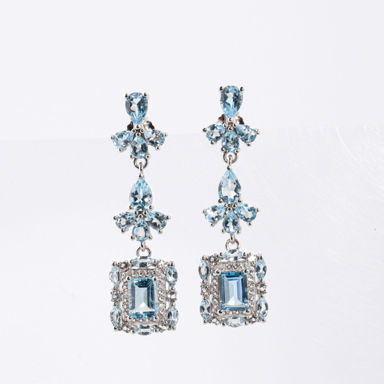 Boucles d'oreilles pendantes en argent 925 avec topaze bleue naturelle originale taille baguette et poire.