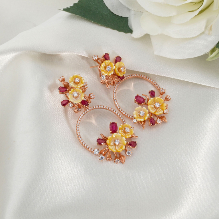 A pair of original ruby natural stone and mother of pearl flower design 925 sterling silver rose gold plated hoop dangle earrings.